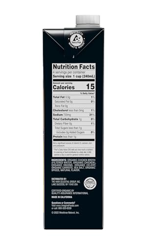 Imagine Organic Free Range Chicken Broth label highlights organic ingredients and no GMOs.
