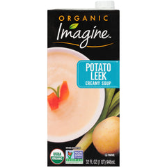 Imagine Organic Potato Leek Soup carton front showing organic ingredients and dairy-free option
