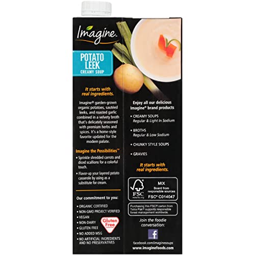 Imagine Organic Potato Leek Soup pack6 nutrition label highlights certifications