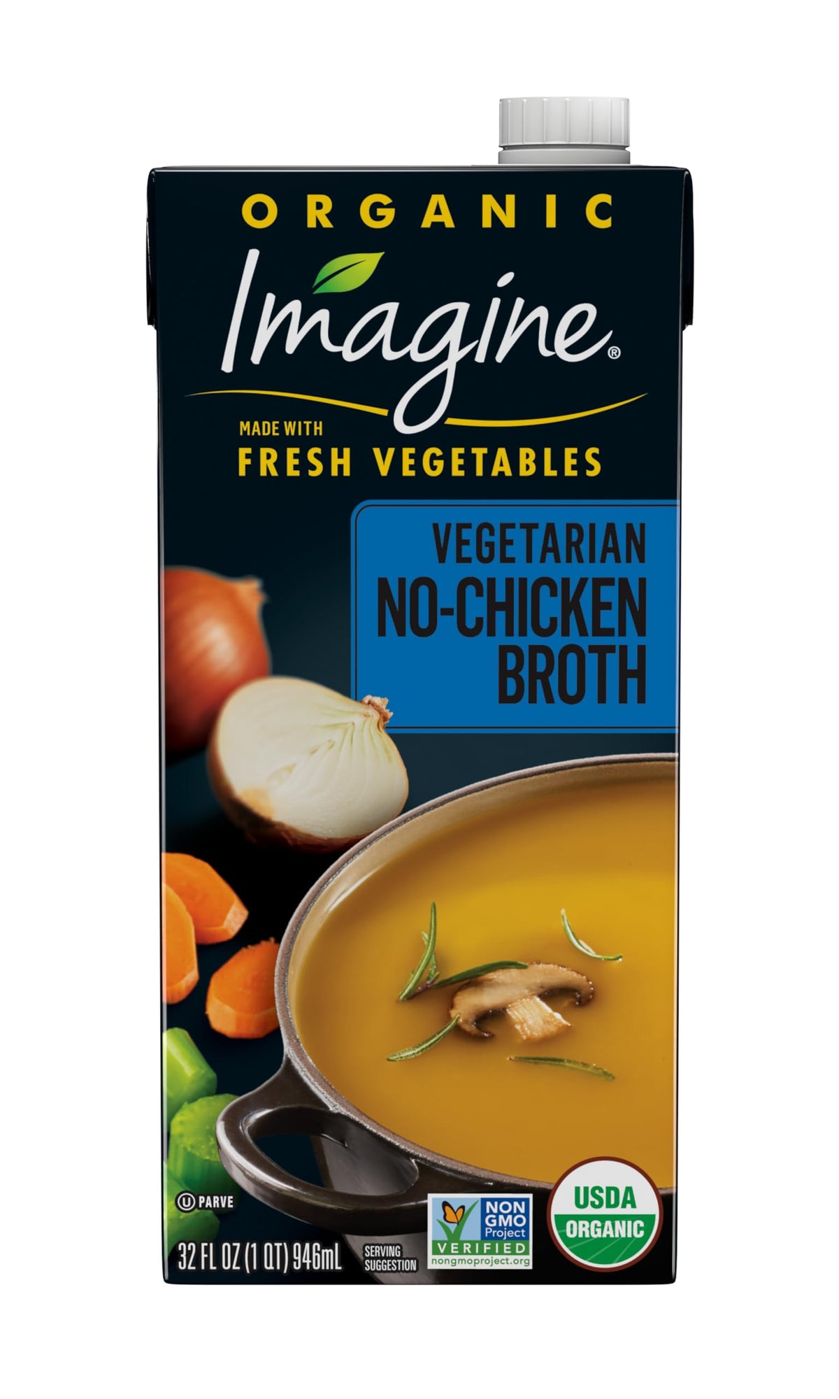 Imagine Organic No-Chicken Broth carton close-up shows fresh vegetables for rich flavor
