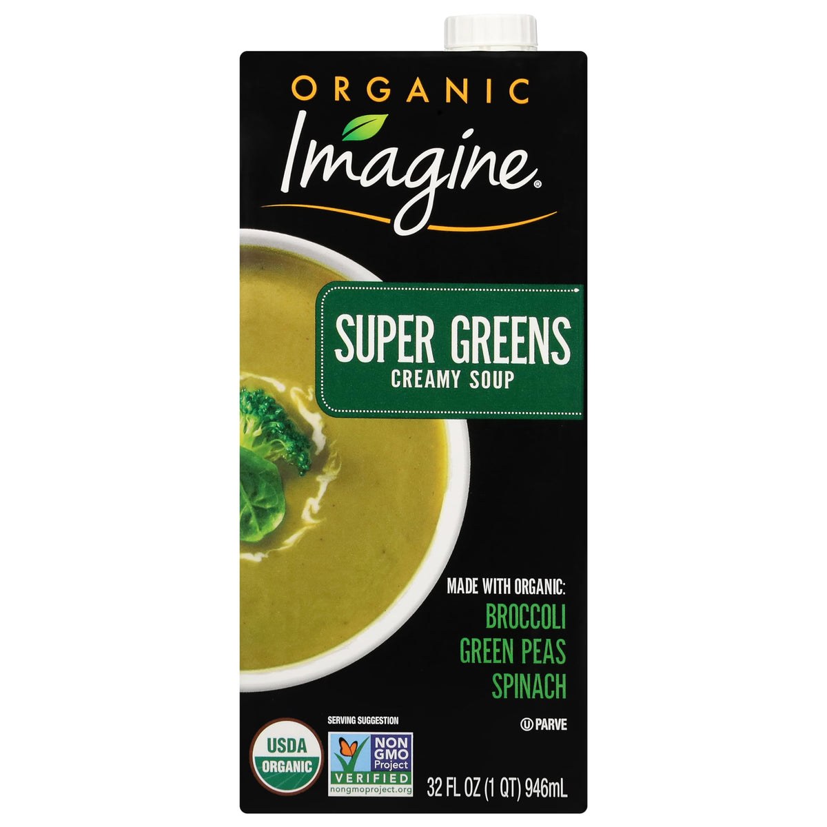 Imagine Organic Creamy Super Greens Soup jar showing premium ingredients for nourishing meals.