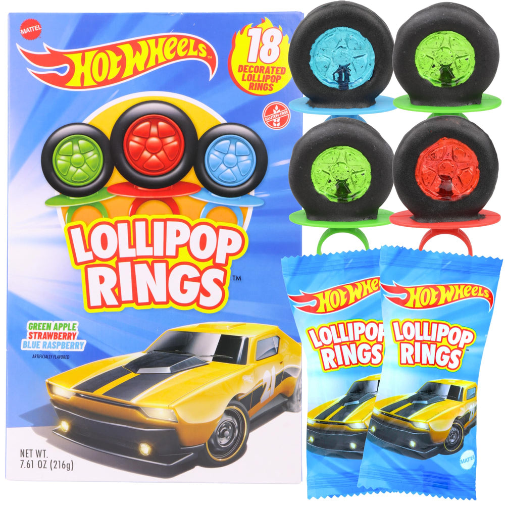 Imaginings 3 Hot Wheels lollipop ring pack, ideal for party favors and festive decor.