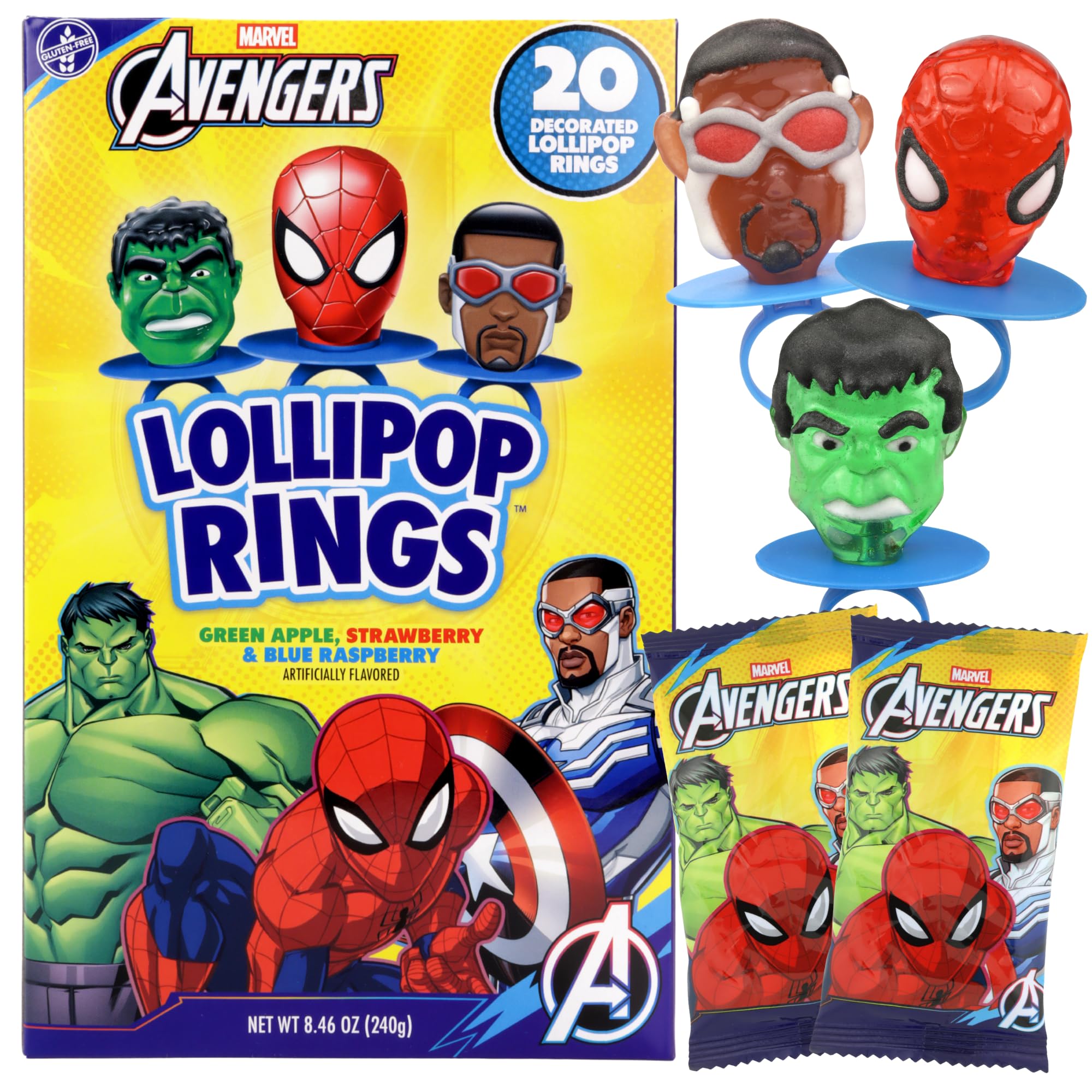 Imaginings 3 Avengers lollipop rings featuring Hulk, Spiderman, and Hawkeye for classroom exchanges.