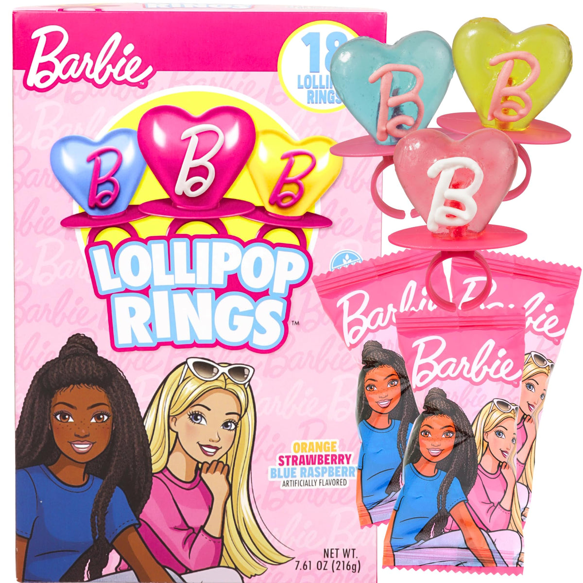 Imaginings 3 Barbie party favors with colorful lollipop rings for kids.