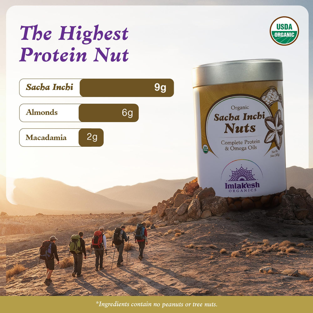 Imlak'esh Organics Sacha Inchi Nuts in bowl; high-protein, high-fiber trail snack.