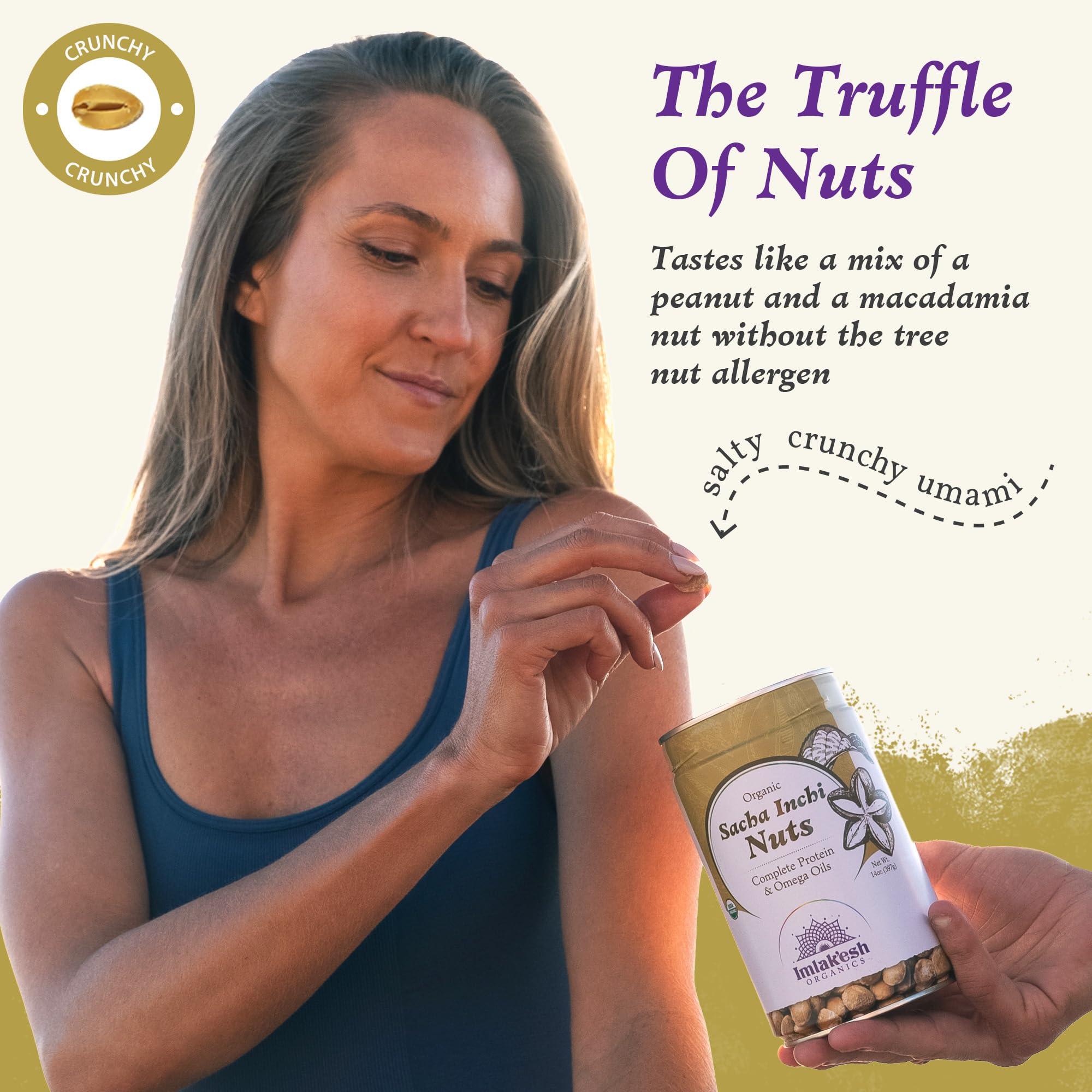 Imlak'esh Organics Sacha Inchi Nuts in salad; boosts texture and nutrition.