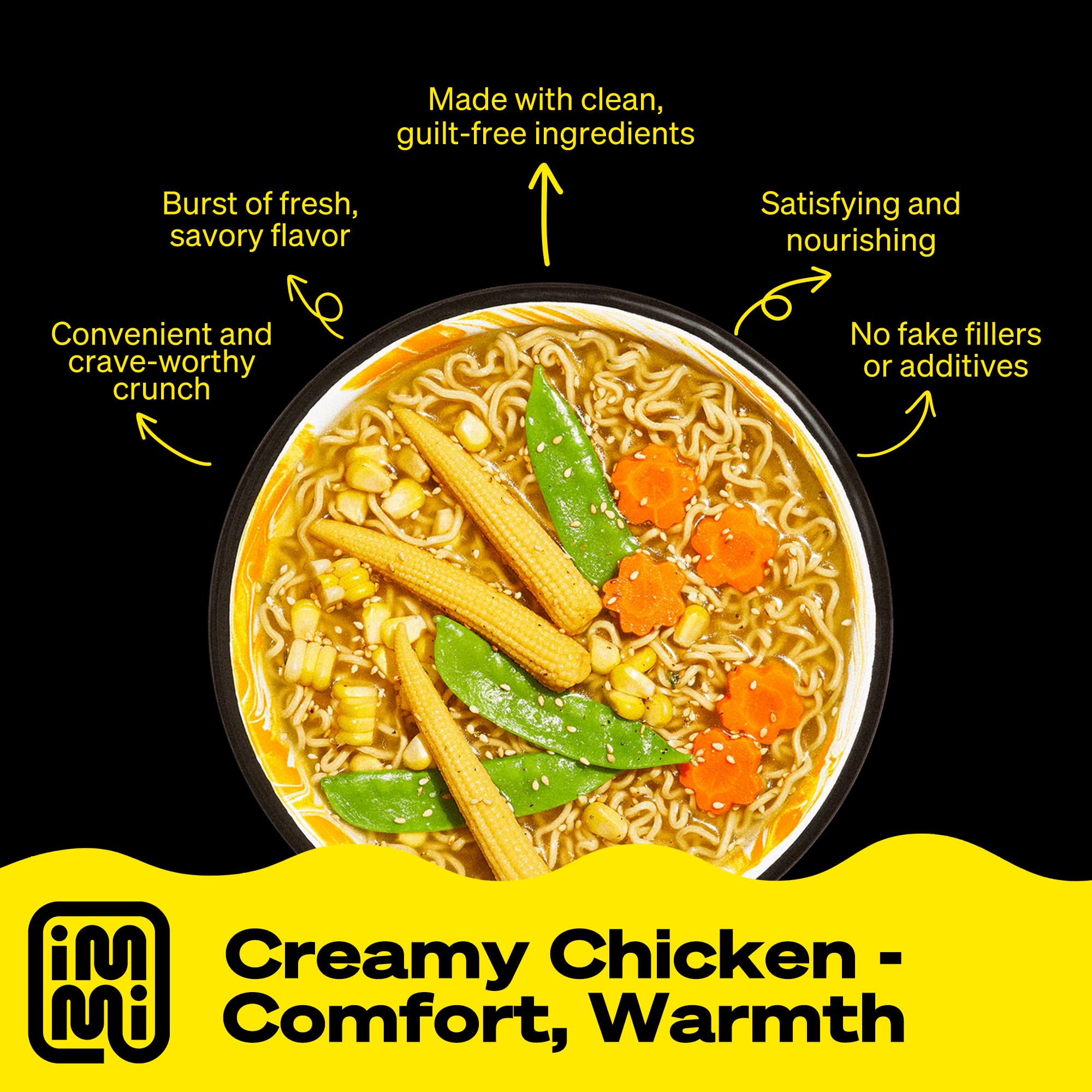 immi Creamy Chicken Ramen ingredients spoons convey wholesome, plant-based protein.