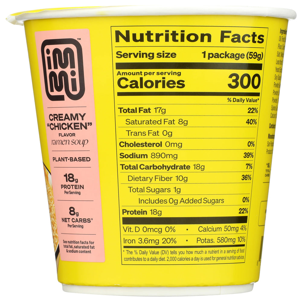 Immi Noodle Cup Creamy Chicken label highlights clean ingredients and no artificial additives