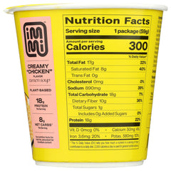 Immi Noodle Cup Creamy Chicken label highlights clean ingredients and no artificial additives