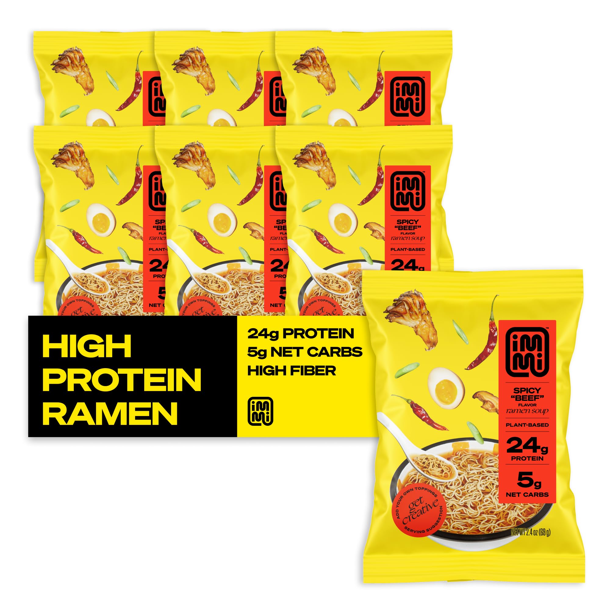 Immi Spicy Beef Ramen pack, keto-friendly and high-protein ready to eat.