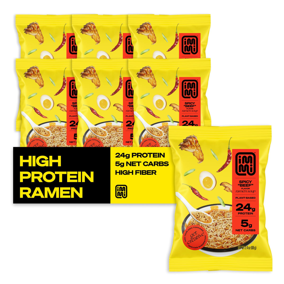 Immi Spicy Beef Ramen pack, keto-friendly and high-protein ready to eat.