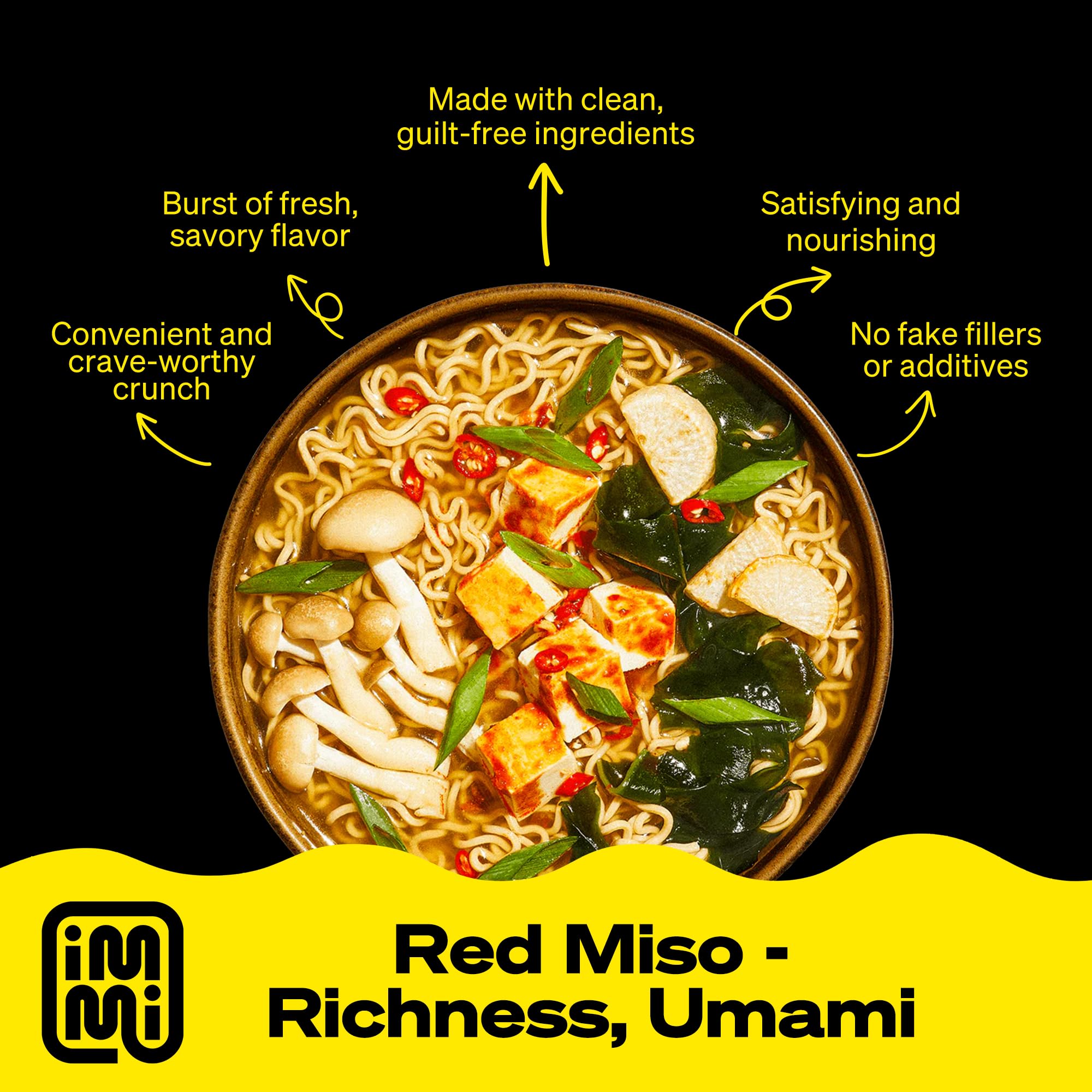 Immi Spicy Red Miso ramen nutrition panel shows protein and fiber