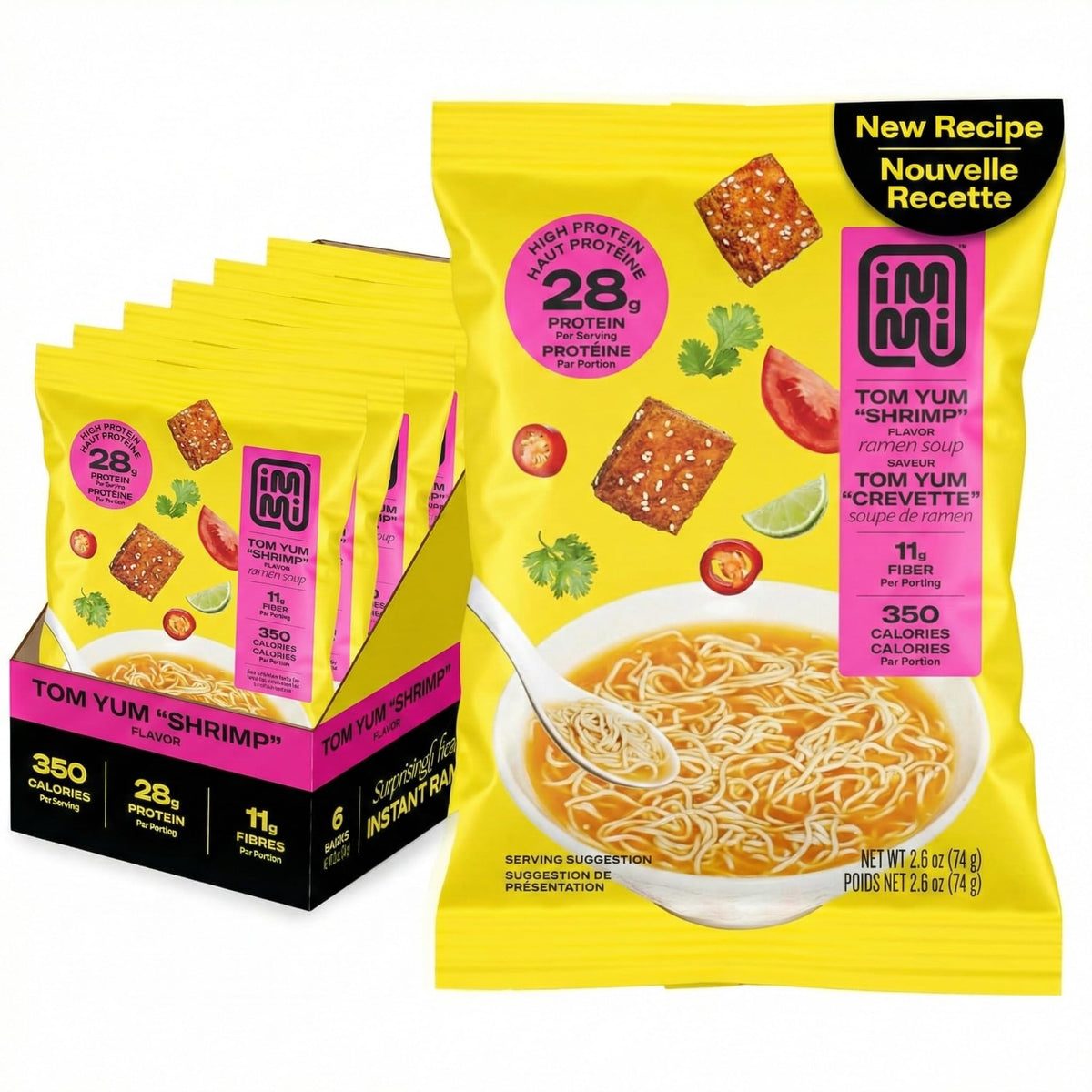 immi Tom Yum Shrimp Ramen bowl with vibrant broth and chewy noodles for a protein-packed meal.