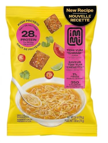 immi Tom Yum Shrimp Ramen noodle close-up with steaming broth.