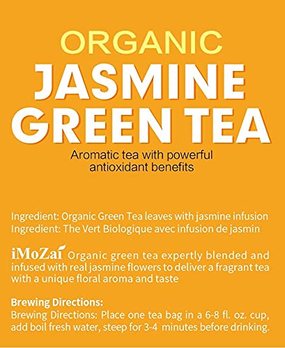 iMoZai Jasmine Green Tea compared to coffee for lower caffeine option.