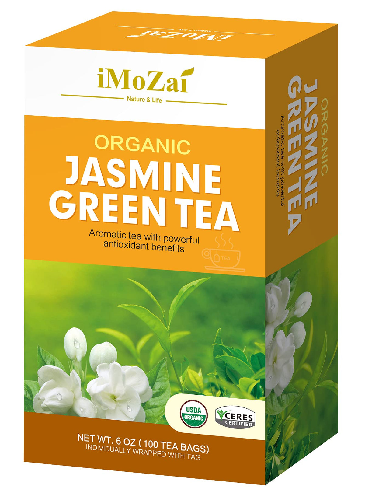 iMoZai Jasmine Green Tea Bags packaging emphasizes 100-count convenience and freshness.