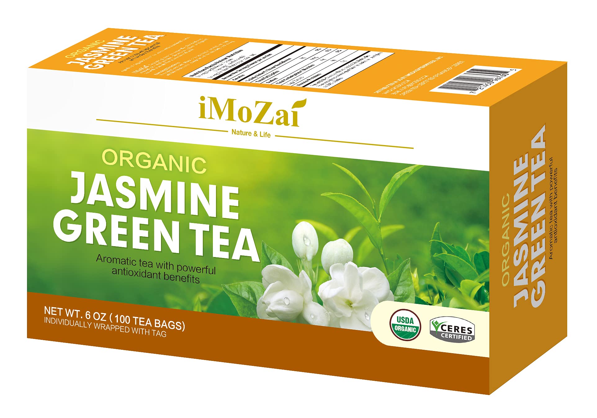 iMoZai Jasmine Green Tea Leaves close-up emphasizes vibrant color and quality.