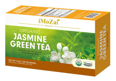 iMoZai Jasmine Green Tea Leaves close-up emphasizes vibrant color and quality.