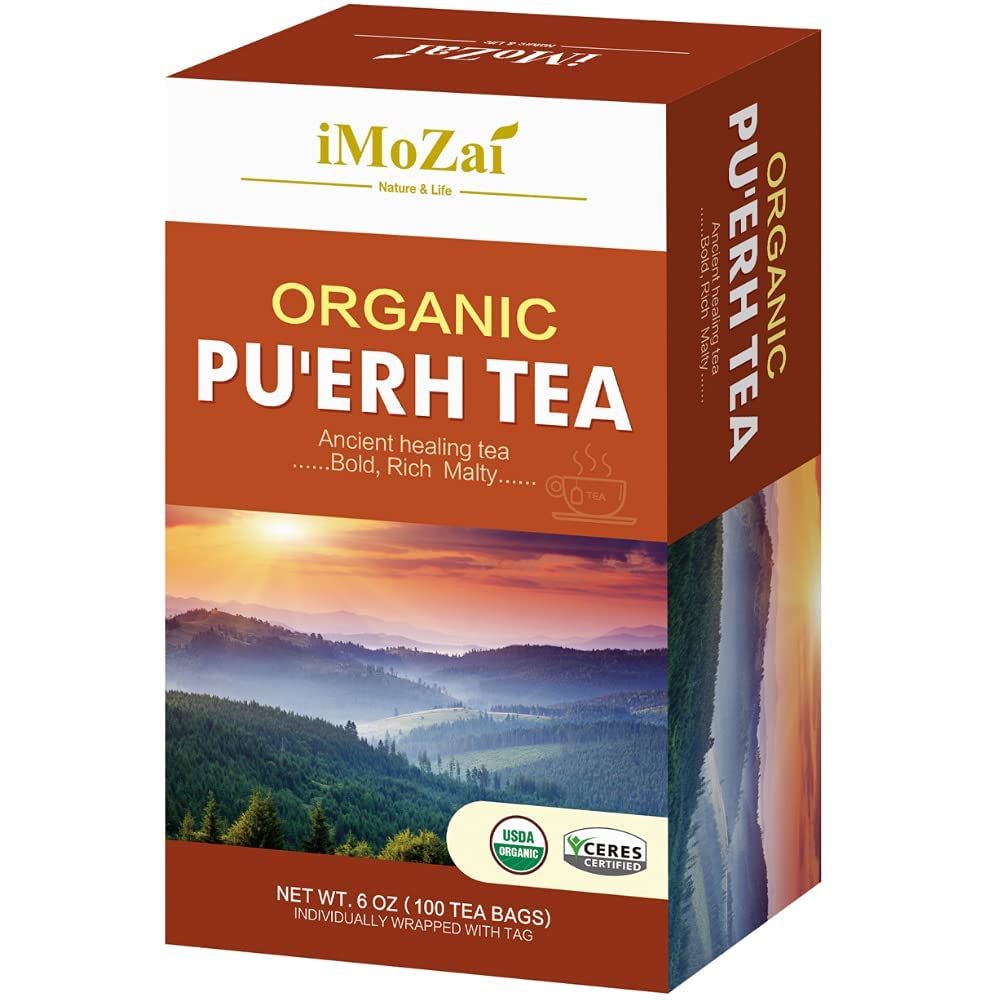 Imozai organic puerh tea bags in a 100-count package for easy daily brewing.