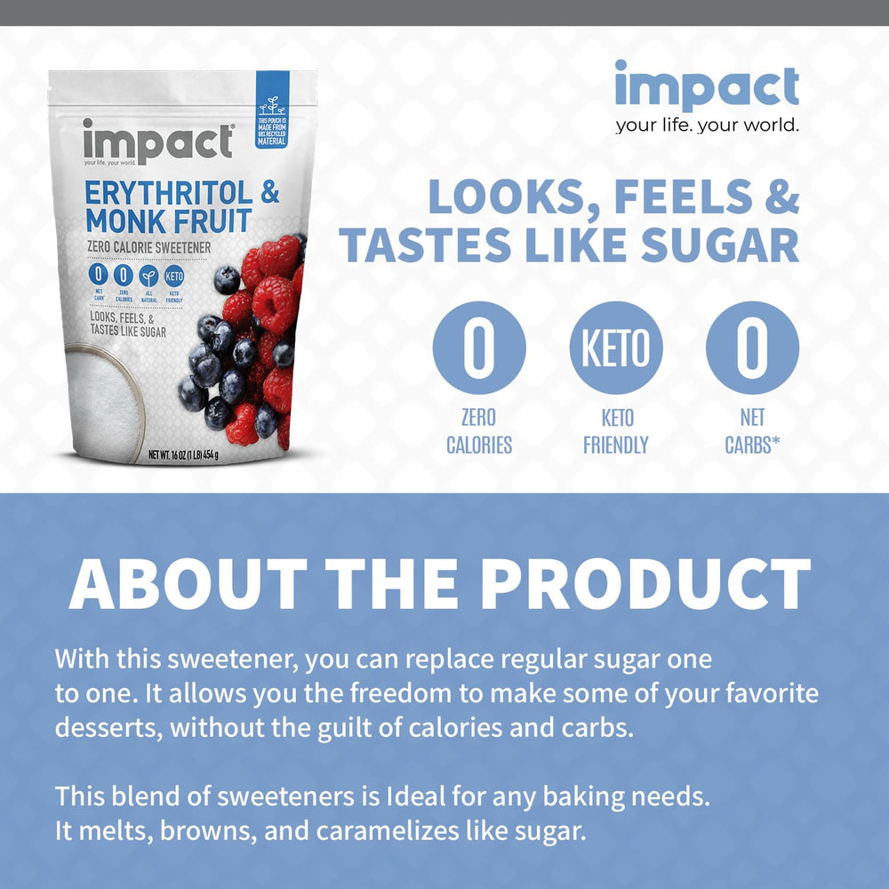 Impact White Monk Fruit & Erythritol Sweetener in a coffee cup for rich flavor.