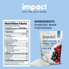 Impact White Monk Fruit & Erythritol Sweetener cup shows 1:1 sugar replacement.