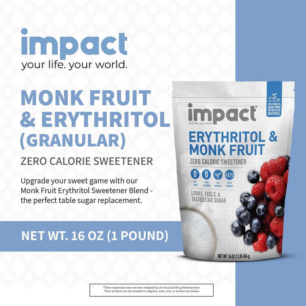 Impact White Monk Fruit & Erythritol Sweetener packaging highlights plastic-free design.