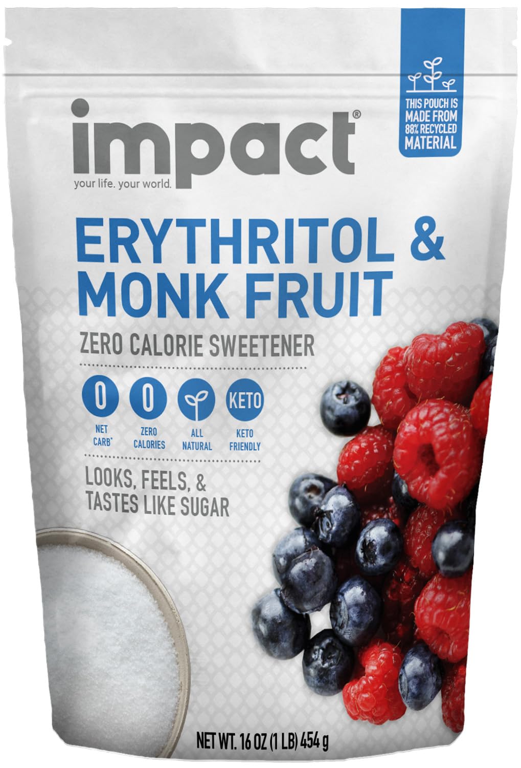 Impact White Monk Fruit & Erythritol Sweetener scoop for zero-calorie sweetness in beverages.