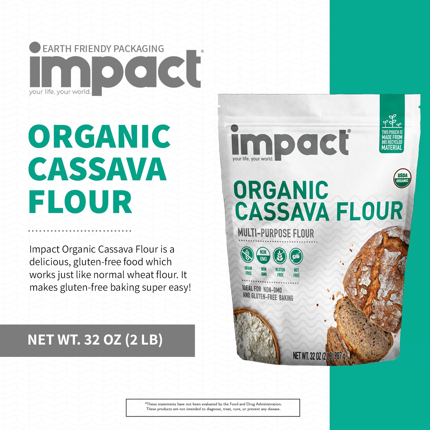 Gluten-free baking setup using cassava flour as a wheat substitute.