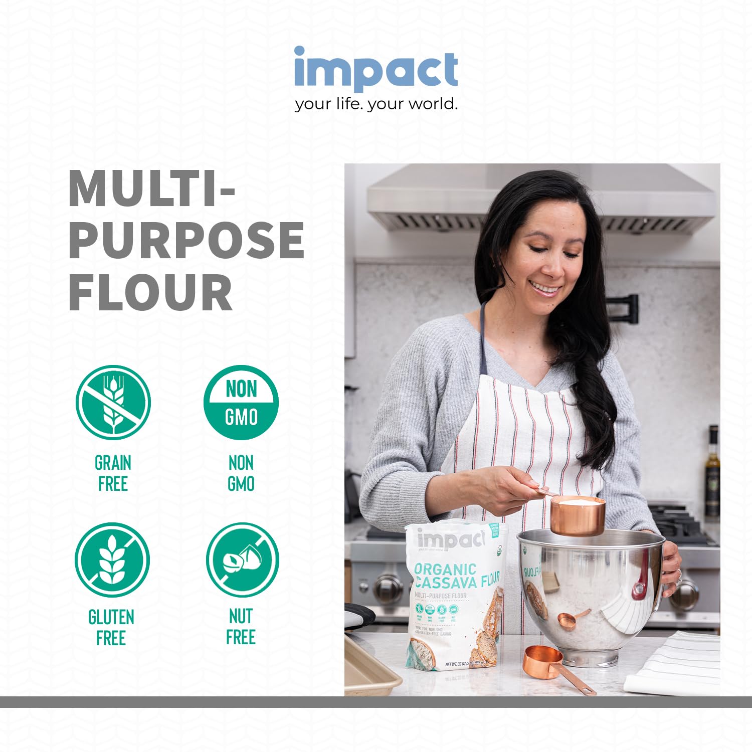 Grain-free baking hero showing pancakes and muffins with cassava flour.