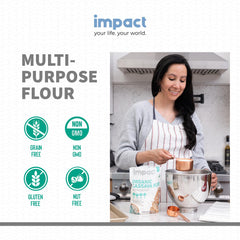 Grain-free baking hero showing pancakes and muffins with cassava flour.