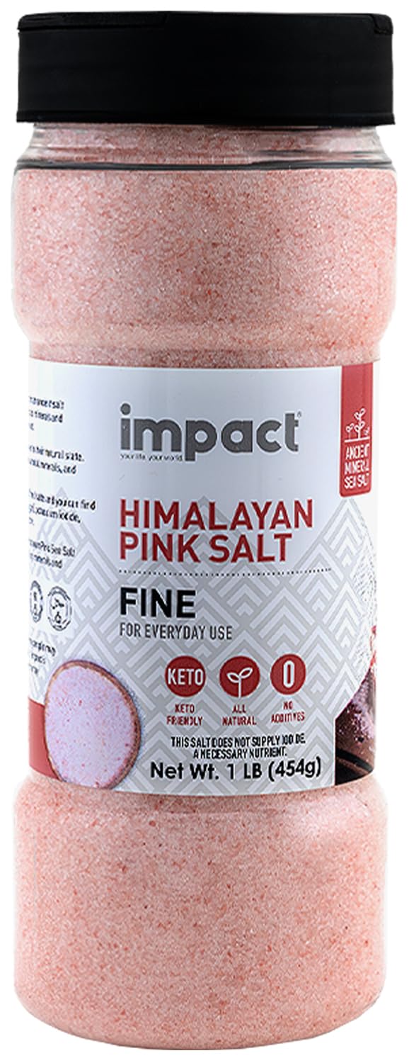 Impact Himalayan Pink Salt 1lb shaker close-up crystals for versatile seasoning.