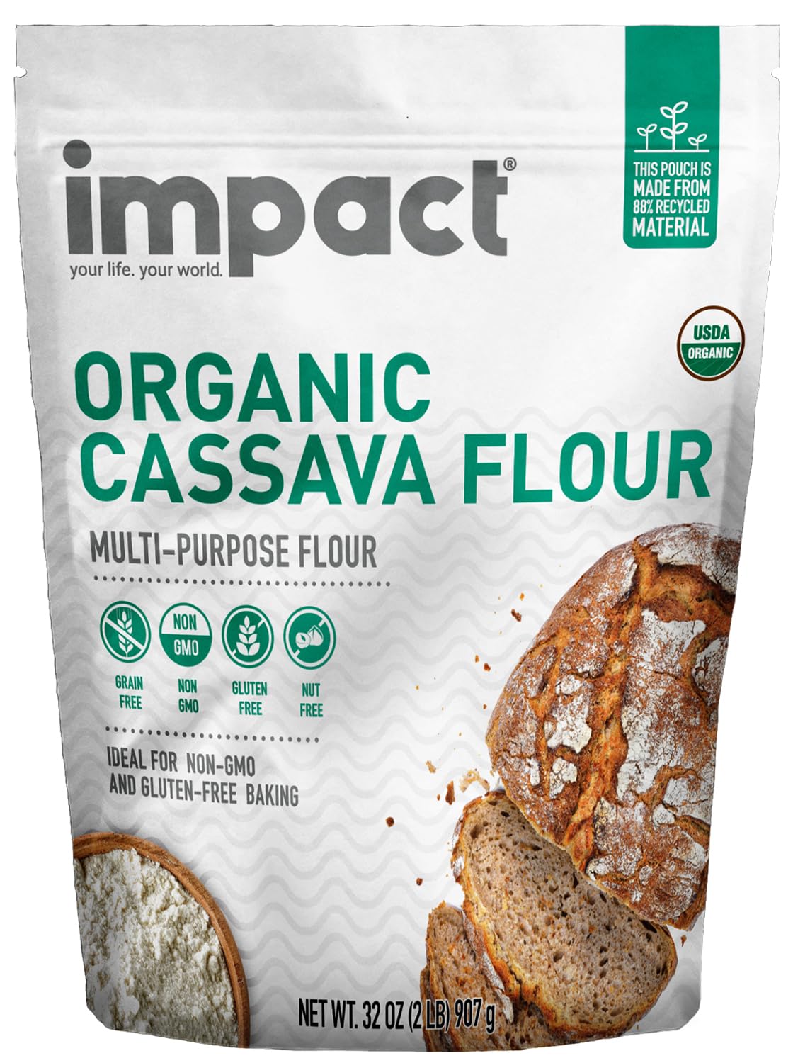 Impact Your Life Organic Cassava Flour packaging ready for gluten-free baking.