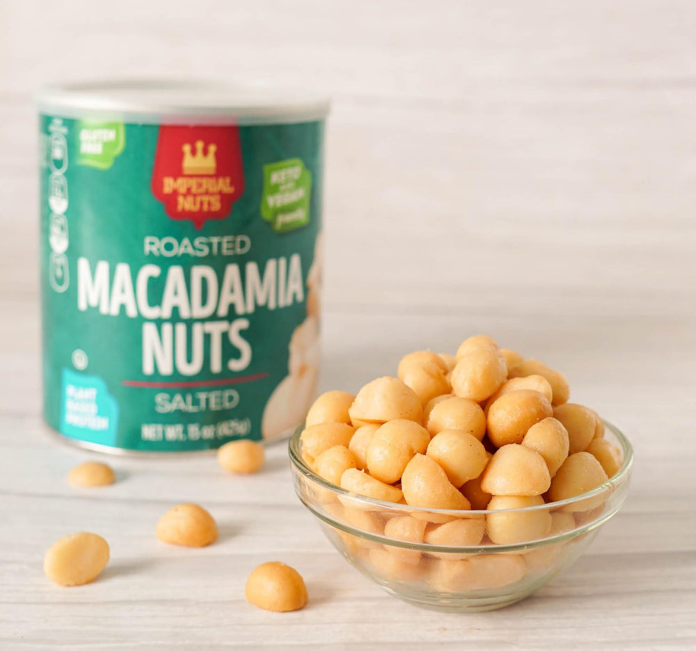 Packaging of Imperial Nuts Salted Macadamia Nuts in resealable tin