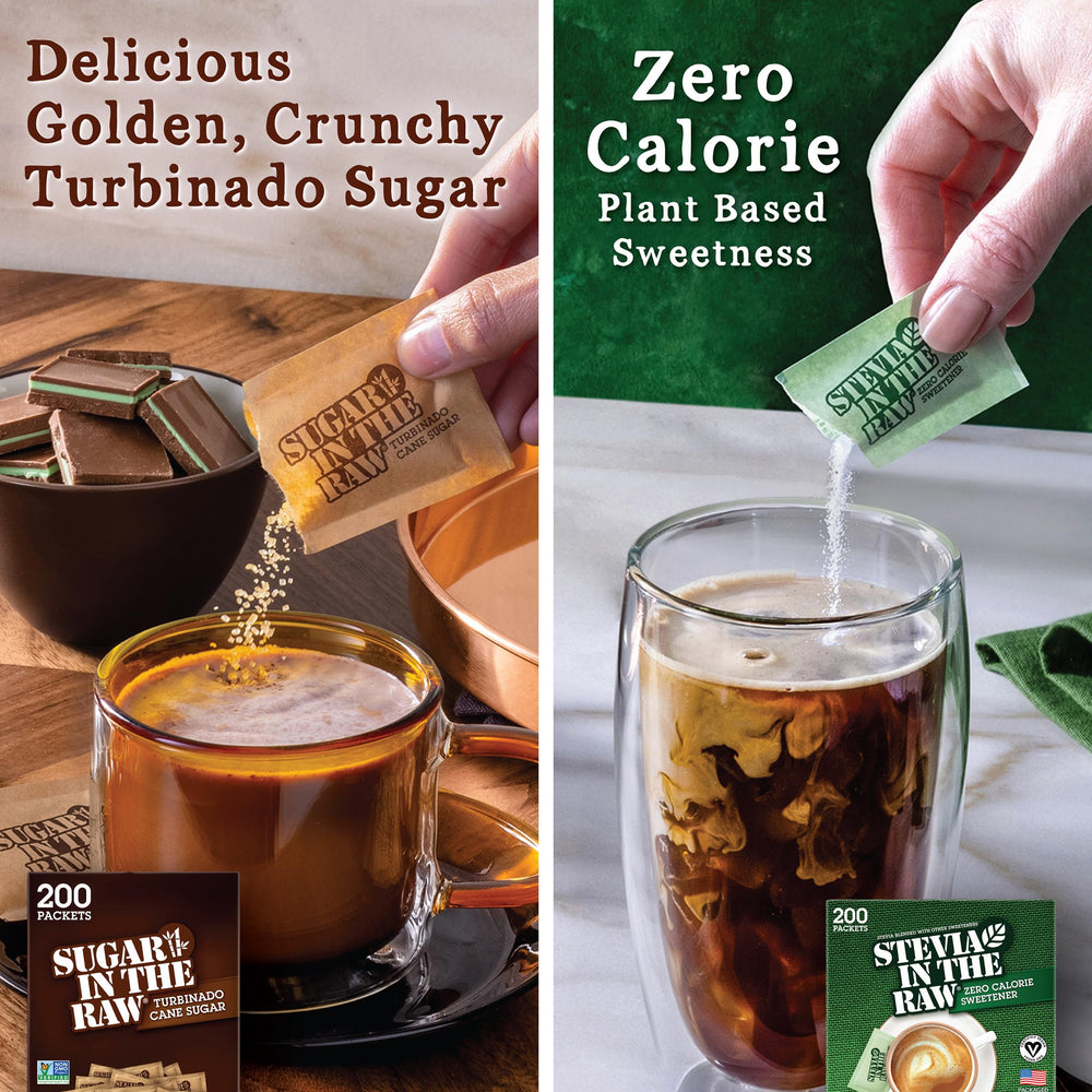 IN THE RAW bundle-boxes showcase the two-pack sweetener set on a kitchen counter.