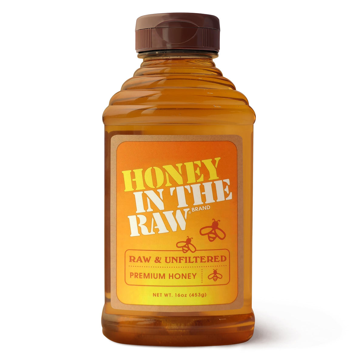 IN THE RAW honey 16oz squeeze bottle for easy pour and everyday use.