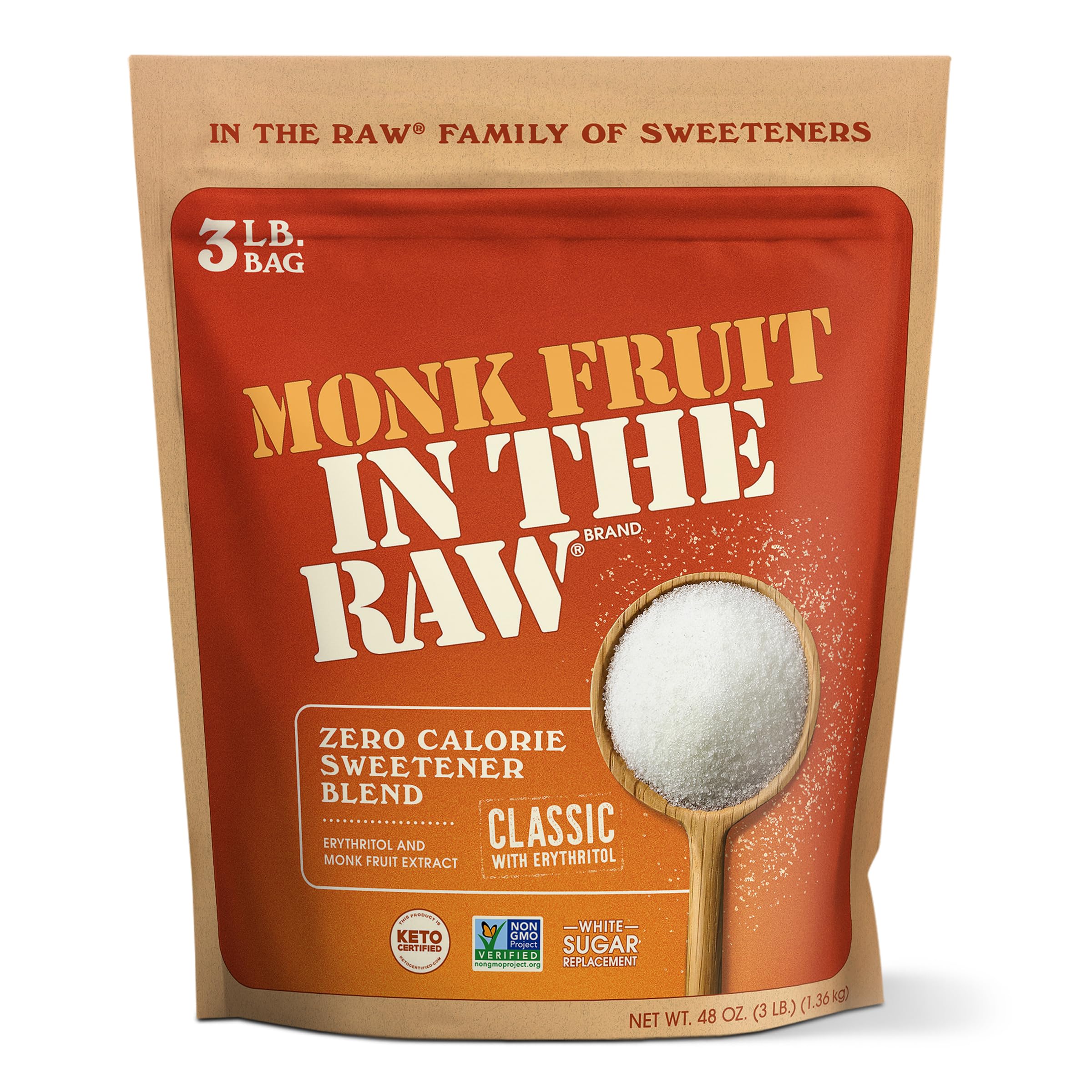 Monk Fruit In The Raw 48 oz bag being poured for sugar-free sweetness in coffee.