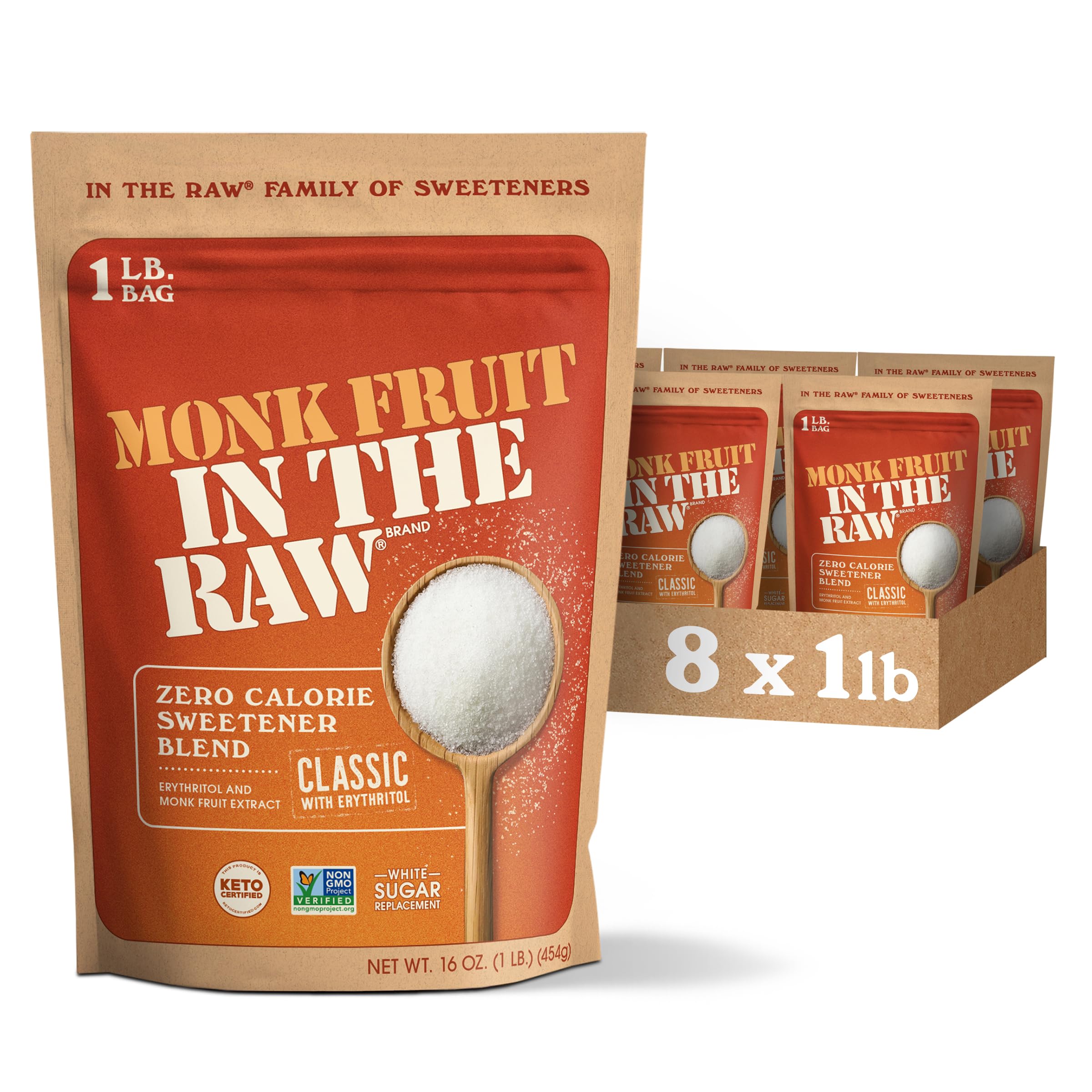 IN THE RAW monk fruit unflavored 1lb pack bags for keto-friendly sweetness.