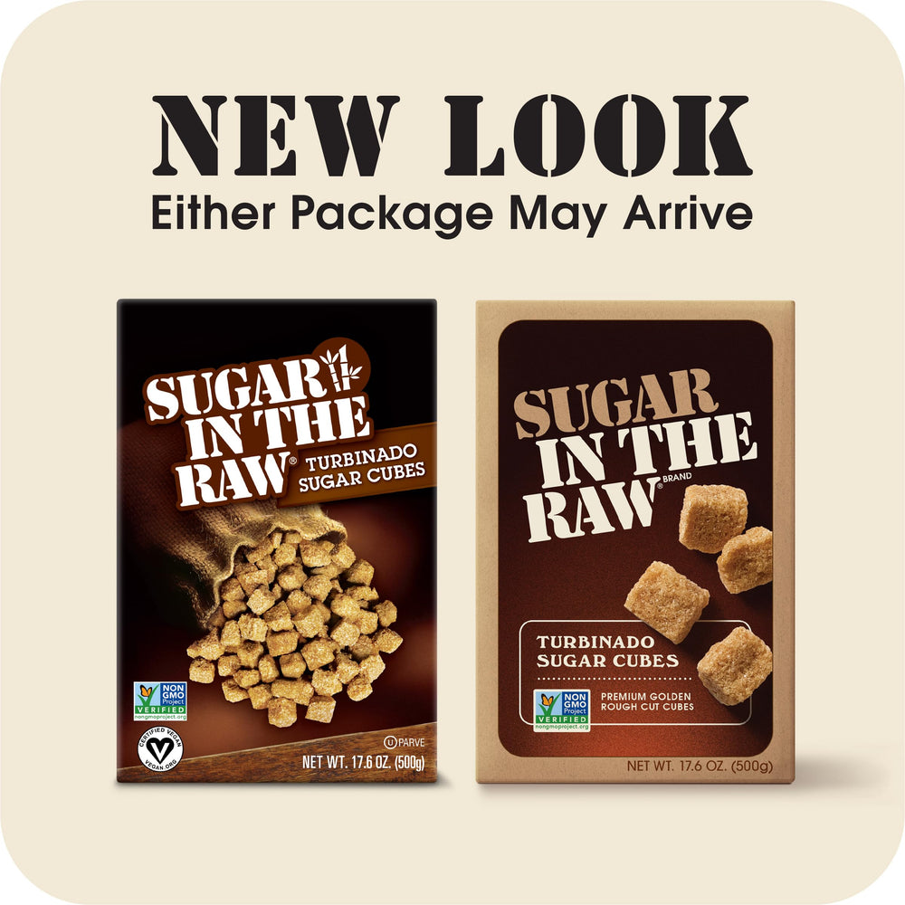 Packaging for IN THE RAW sugar cubes highlighting Non-GMO verified, vegan, kosher status