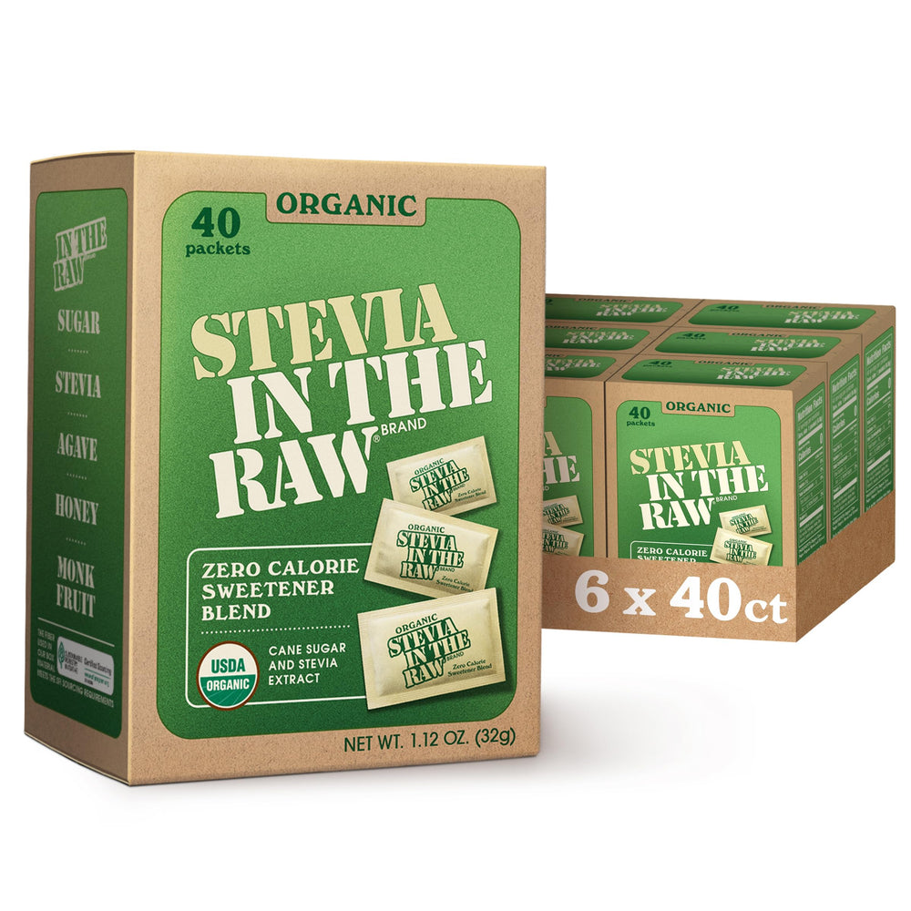 Front view of IN THE RAW Organic Stevia packets for zero-calorie sweetness.