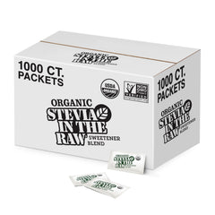 In The Raw Organic Stevia Packets packaging on kitchen counter showing zero calorie sweetness