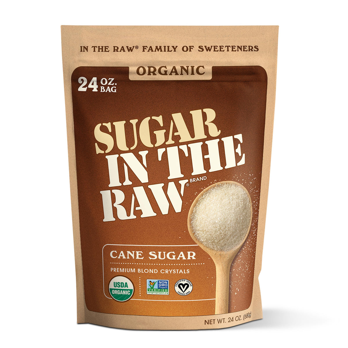 IN THE RAW Organic White Sugar granulated crystals showing natural color and texture for everyday use