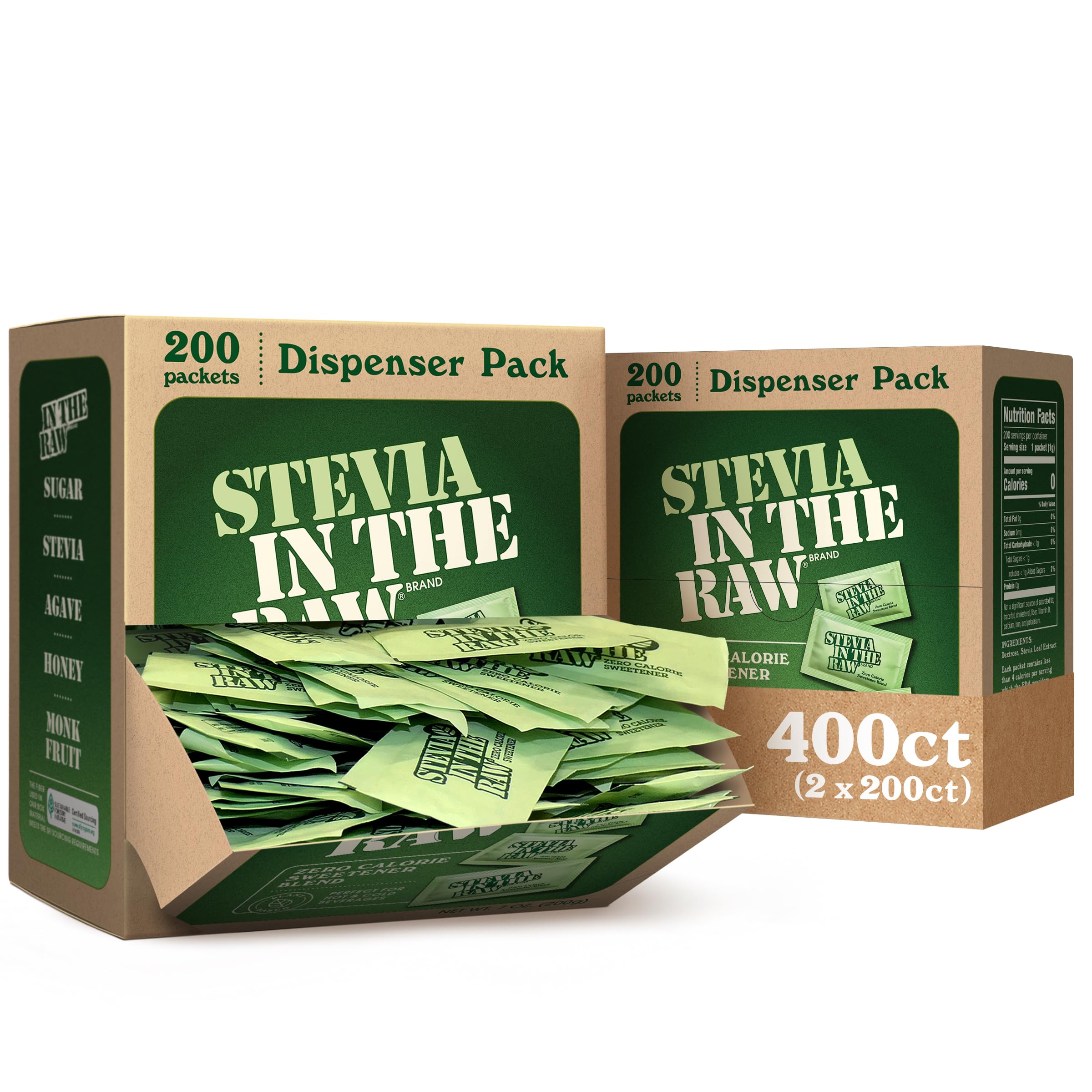 IN THE RAW Stevia packets box on a kitchen counter showing zero calorie sweetener option
