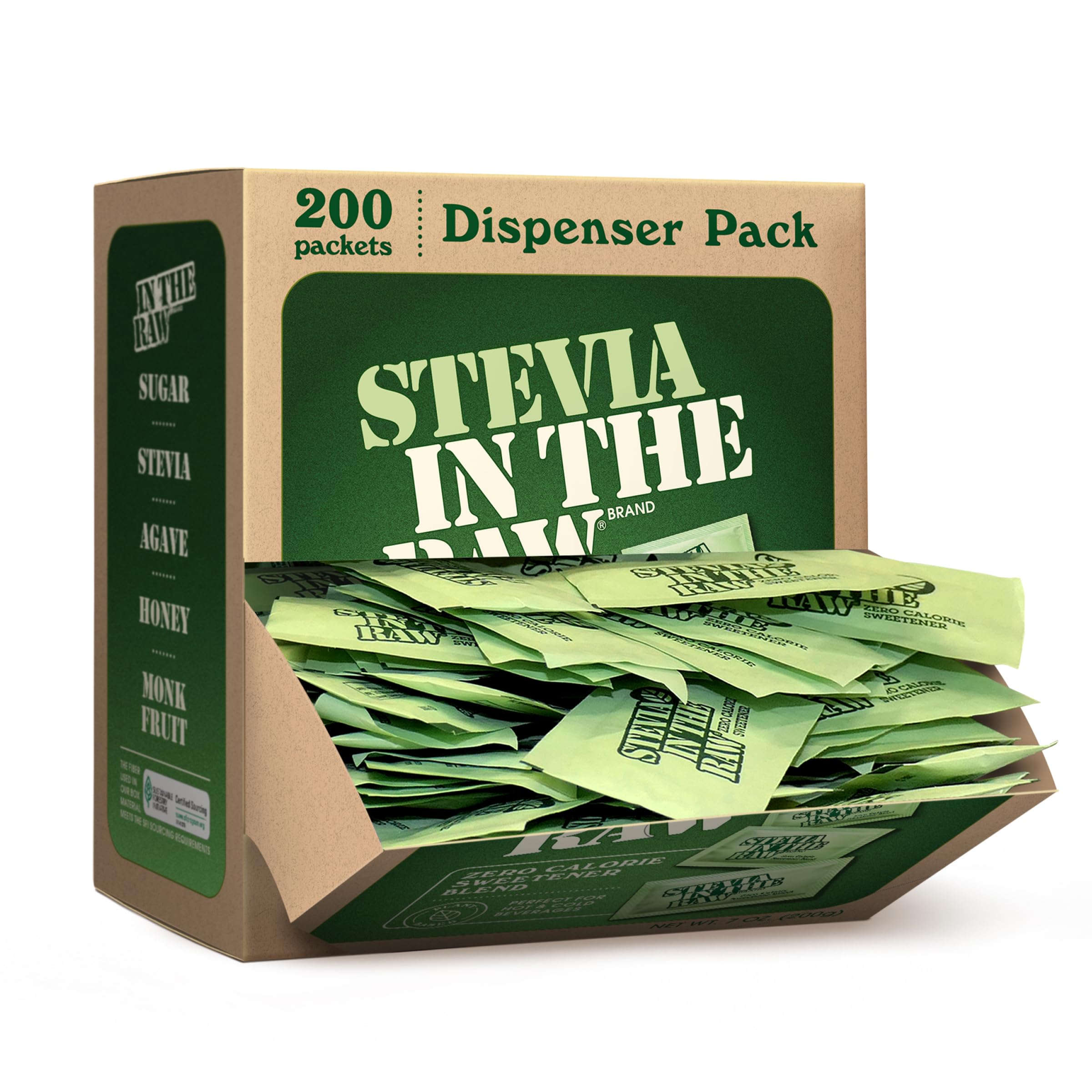 IN THE RAW Stevia packets in box for zero-calorie sweetness in coffee