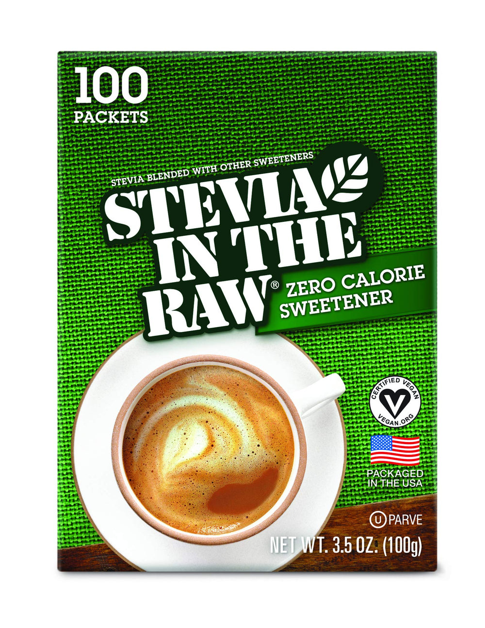 IN THE RAW Stevia packets box for zero-calorie sweetness.