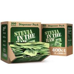 IN THE RAW Stevia packets box on a kitchen counter showing zero calorie sweetener option