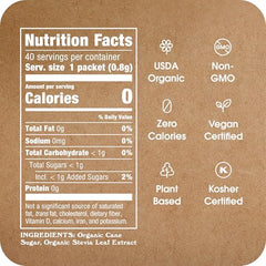 Close-up of IN THE RAW stevia packets emphasizing organic cane sugar blend.