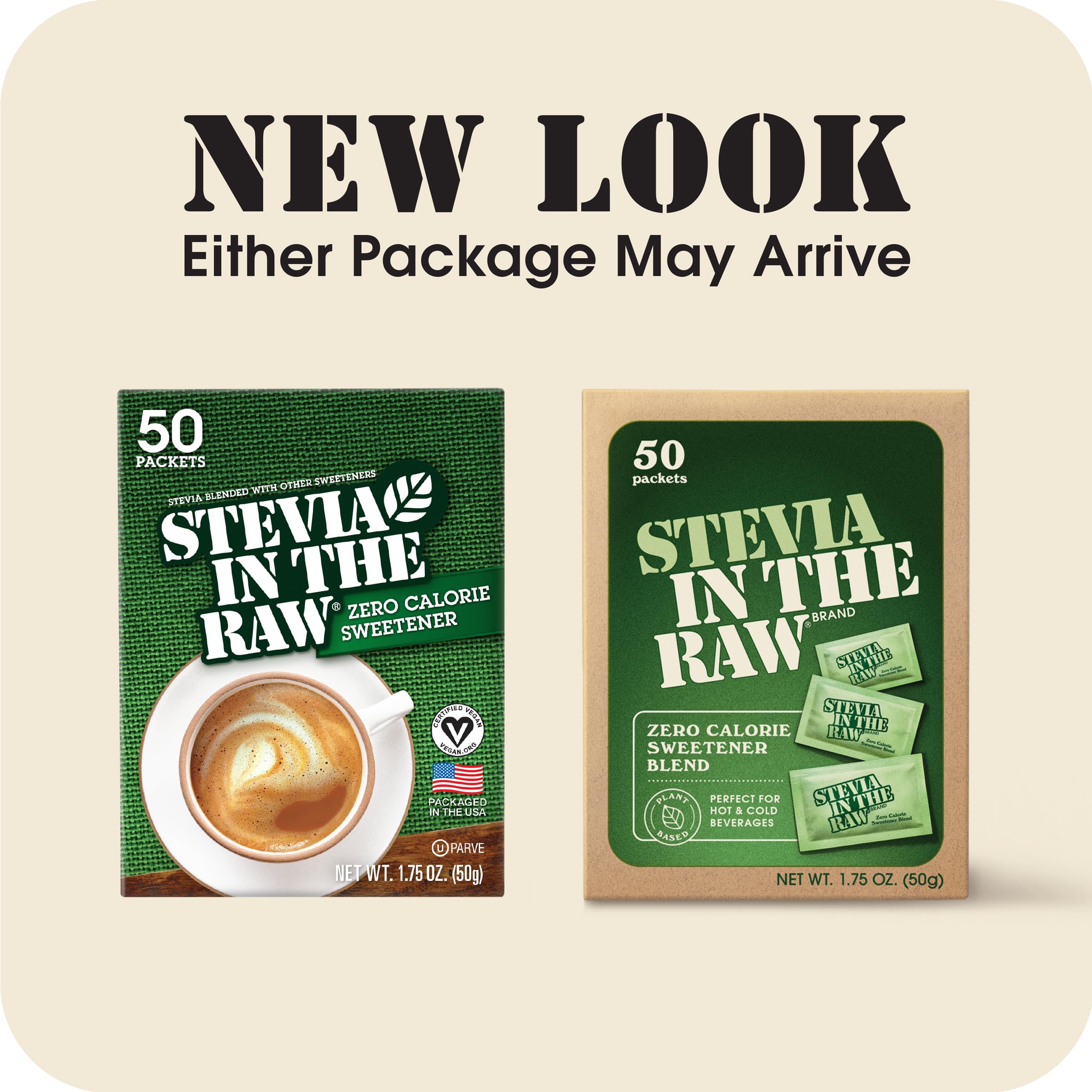 IN THE RAW Stevia packets on a kitchen counter beside the box