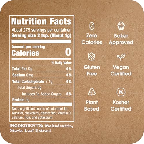 IN THE RAW Stevia label highlights zero calories and plant-based sweetness.