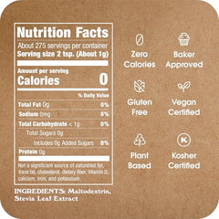 IN THE RAW Stevia label highlights zero calories and plant-based sweetness.