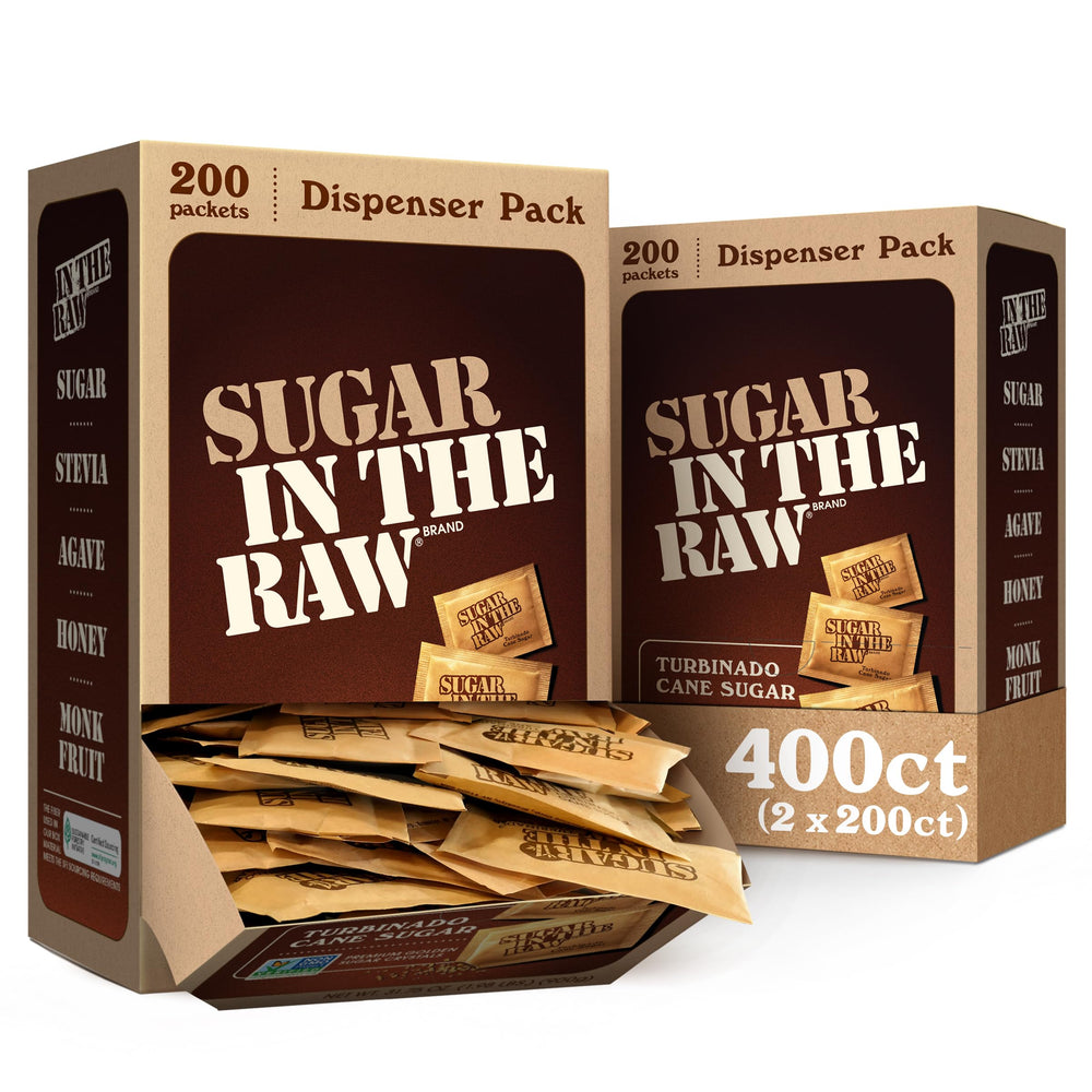 IN THE RAW sugar packets with amber turbinado crystals for rich coffee sweetness